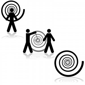 Icon set showing a man being hypnotized another hypnotizing someone and a clock with a hypnosis spiral around it
